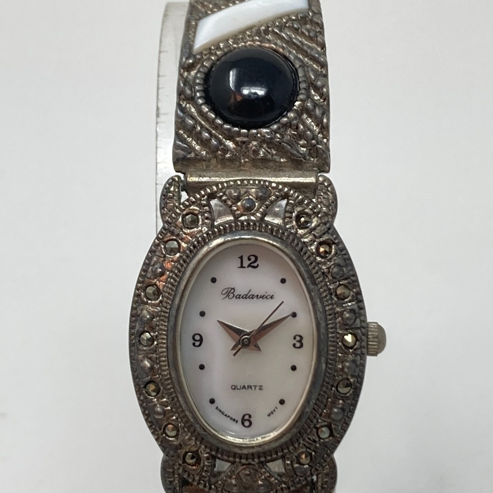 Vintage Badavici Women's Watch Marcasite 24mm Silver Tone MOP Cab New Battery 7"